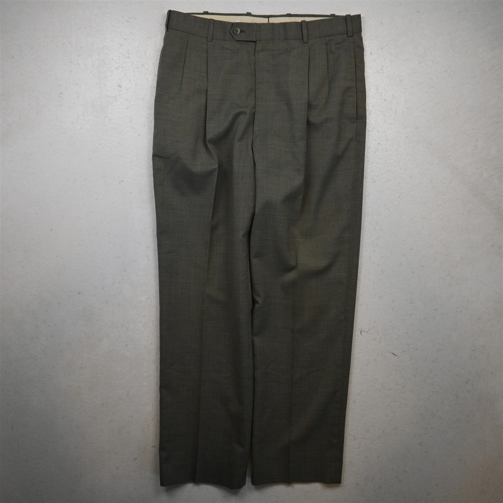 Vtg Hunting Horn 33x32 Beige Green Houndstooth Wool Check Pleated Dress Pants